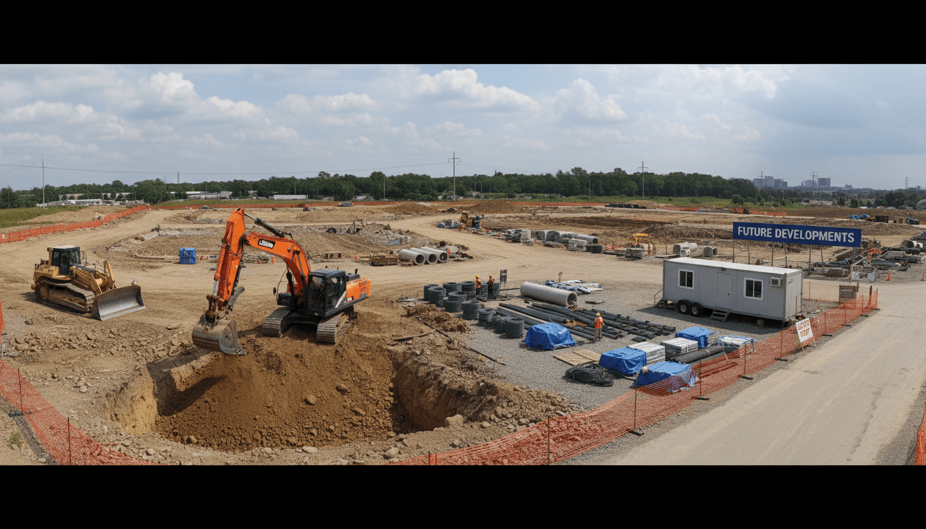Active excavation site with heavy equipment and prepared ground